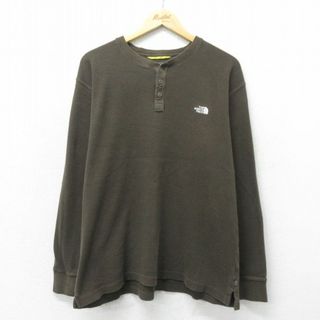 ノースフェイス(North Face)のXL★古着 ノースフェイス THE NORTH FACE 長袖 サーマル Tシャツ メンズ ワンポイントロゴ 大きいサイズ コットン ヘンリーネック こげ茶 ブラウン 24apr18 中古(Tシャツ/カットソー(半袖/袖なし))