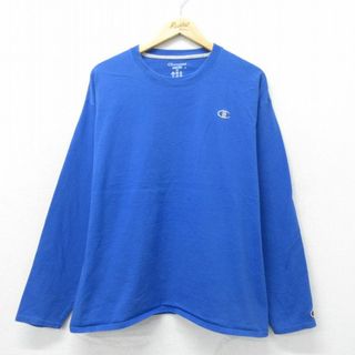 チャンピオン(Champion)のXL★古着 チャンピオン champion 長袖 Tシャツ メンズ ワンポイントロゴ クルーネック 青 ブルー 24apr18 中古(Tシャツ/カットソー(半袖/袖なし))