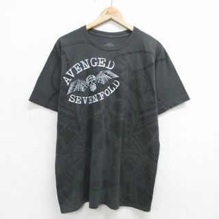 XL★古着 半袖 ロック バンド Tシャツ メンズ アヴェンジドセヴンフォールド アベンジドセブンフォールド 全面プリント コットン クルーネック 黒 ブラック 24apr18 中古(Tシャツ/カットソー(半袖/袖なし))