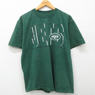 マジェスティック(Majestic)のL★古着 マジェスティック 半袖 ビンテージ Tシャツ メンズ 90年代 90s NFL ニューヨークジェッツ コットン クルーネック 緑 グリーン アメフト スーパーボウル 24apr18 中古(Tシャツ/カットソー(半袖/袖なし))