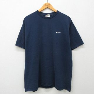 ナイキ(NIKE)のXL★古着 ナイキ NIKE 半袖 ビンテージ Tシャツ メンズ 90年代 90s ワンポイントロゴ 大きいサイズ コットン クルーネック USA製 紺 ネイビー 24apr18 中古(Tシャツ/カットソー(半袖/袖なし))