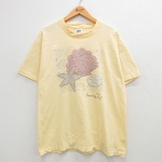 XL★古着 半袖 ビンテージ Tシャツ メンズ 90年代 90s 貝殻 ヒトデ コットン クルーネック USA製 黄 イエロー 24apr18 中古(Tシャツ/カットソー(半袖/袖なし))