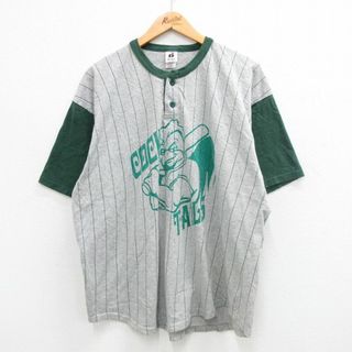 XL★古着 半袖 ビンテージ Tシャツ メンズ 00年代 00s Cock TAILS 大きいサイズ ヘンリーネック ツートンカラー グレー他 ストライプ 24apr18 中古(Tシャツ/カットソー(半袖/袖なし))