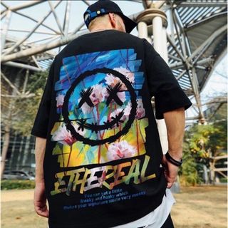 【割引ＯＫ♪】スマイル柄　大きめ　黒　Tシャツ　メンズ(Tシャツ/カットソー(半袖/袖なし))