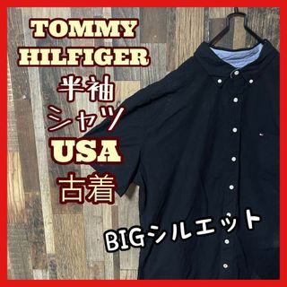 トミーヒルフィガー(TOMMY HILFIGER)のトミーヒルフィガー メンズ ボタンダウン ブラック 2XL シャツ 古着 半袖(シャツ)