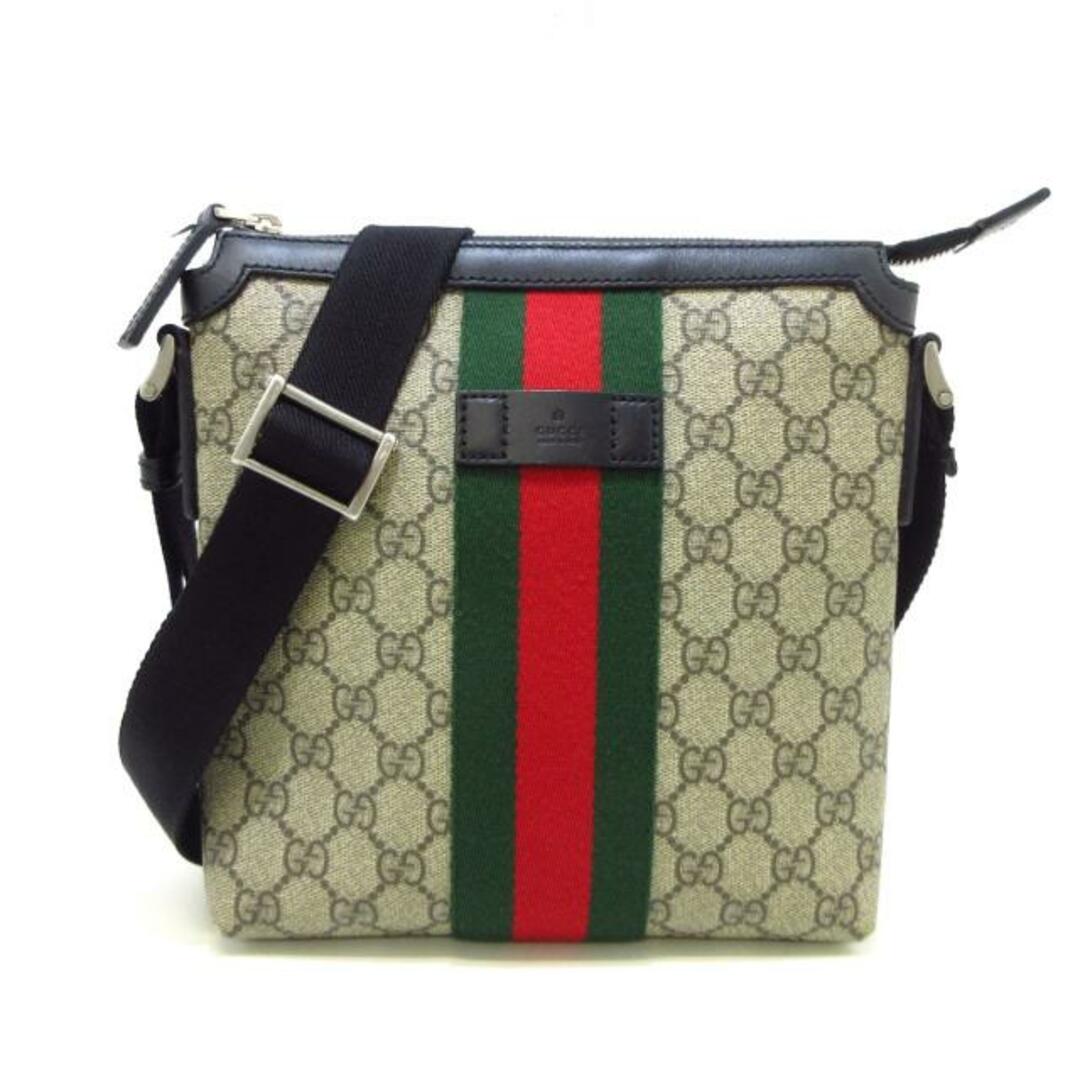 Gucci(グッチ)のGUCCI(グッチ) ショルダーバッグ レディース美品  ウェブ GGスプリーム フラット メッセンジャーバッグ 471454 ベージュ×黒 PVC(塩化ビニール)×レザー レディースのバッグ(ショルダーバッグ)の商品写真