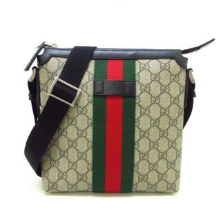 グッチ(Gucci)のGUCCI(グッチ) ショルダーバッグ レディース美品  ウェブ GGスプリーム フラット メッセンジャーバッグ 471454 ベージュ×黒 PVC(塩化ビニール)×レザー(ショルダーバッグ)