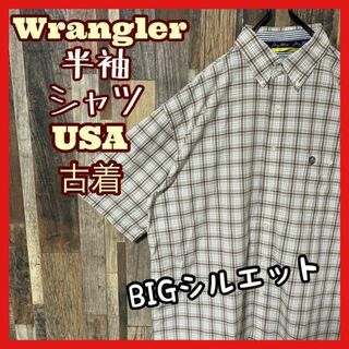 Wrangler - ラングラー XL メンズ チェック ベージュ ロゴ シャツ 古着 90s 半袖