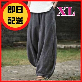 ワイドパンツ XL ブラック 黒　綿麻 ゆとり バルーンパンツ(サルエルパンツ)