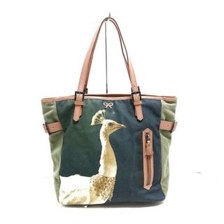 Anya Hindmarch(アニヤハインドマーチ) トートバッグ - カーキ×イエロー×ライトブラウン 鳥 キャンバス×レザー