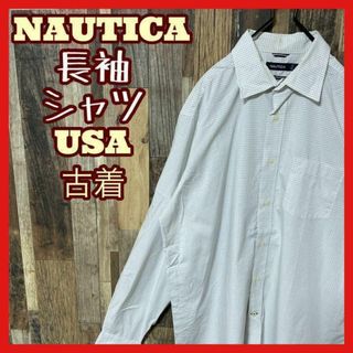 ノーティカ(NAUTICA)のノーティカ チェック メンズ ロゴ ホワイト L シャツ 古着 90s 長袖(シャツ)