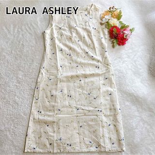 ローラアシュレイ(LAURA ASHLEY)のローラアシュレイ リネン  コットン ひざ丈ワンピース 花刺繍 ノースリーブ L(ひざ丈ワンピース)