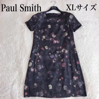 ポールスミス(Paul Smith)の美品 大きいサイズ Paul Smith 花柄 薄手 ワンピース 半袖 ブラック(ひざ丈ワンピース)