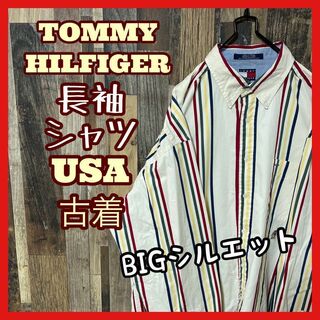 トミーヒルフィガー(TOMMY HILFIGER)のトミーヒルフィガー ストライプ ボタンダウン XL メンズ クリーム シャツ古着(シャツ)