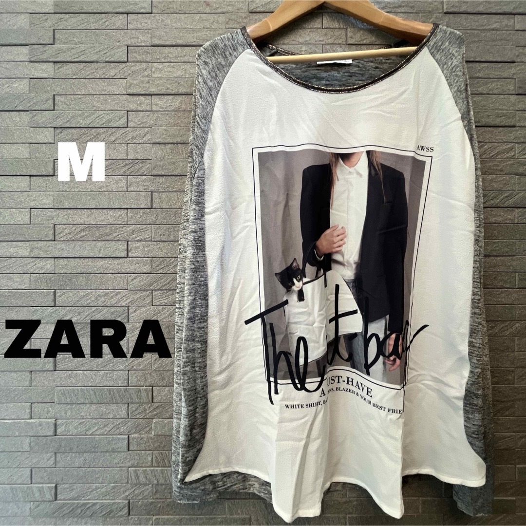 ZARA(ザラ)のザラ ZARA プリント長袖 Tシャツ  トップス カットソー ロンT M 灰色 レディースのトップス(Tシャツ(長袖/七分))の商品写真