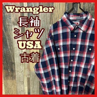 ラングラー(Wrangler)のラングラー チェック メンズ アメカジ L ネイビー シャツ 古着 90s 長袖(シャツ)