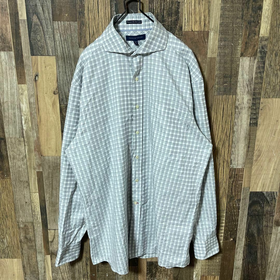 TOMMY HILFIGER(トミーヒルフィガー)のトミーヒルフィガー メンズ チェック XL グレー シャツ 古着 90s 長袖 メンズのトップス(シャツ)の商品写真