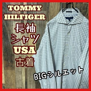 トミーヒルフィガー(TOMMY HILFIGER)のトミーヒルフィガー メンズ チェック XL グレー シャツ 古着 90s 長袖(シャツ)