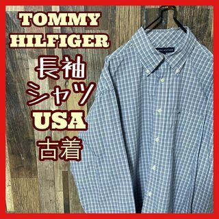 トミーヒルフィガー(TOMMY HILFIGER)のトミーヒルフィガー メンズ ボタンダウン チェック L ブルー シャツ古着 長袖(シャツ)