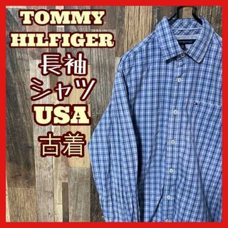 トミーヒルフィガー(TOMMY HILFIGER)のトミーヒルフィガー メンズ ブルー チェック XS シャツ 古着 90s 長袖(シャツ)