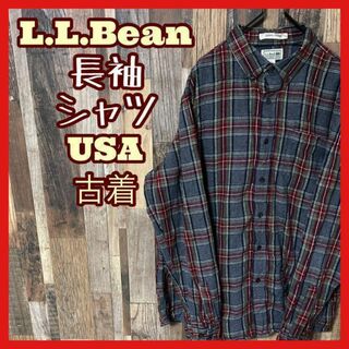 エルエルビーン(L.L.Bean)のエルエルビーン メンズ チェック L グレー ボタンダウン シャツ 古着 長袖(シャツ)