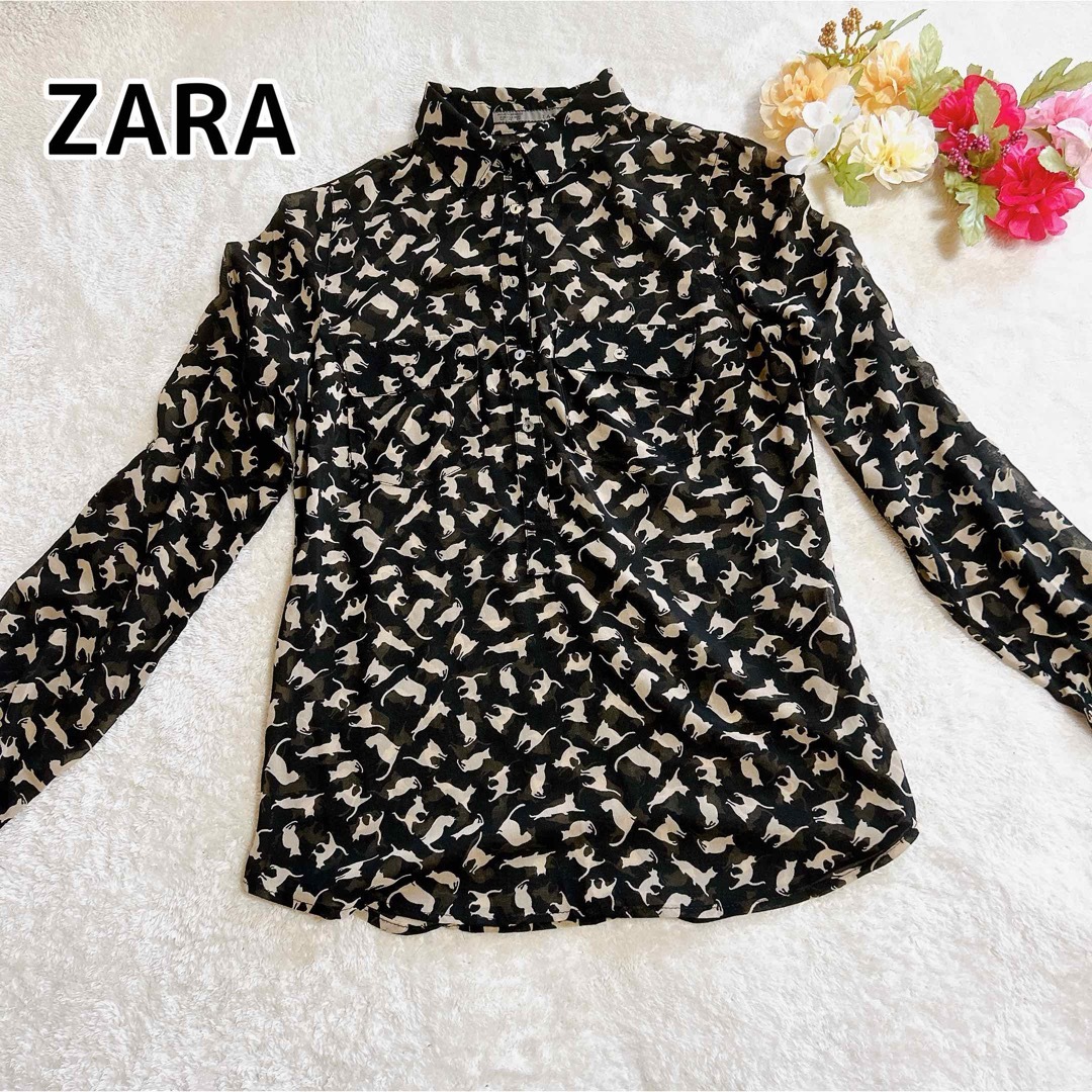 ZARA(ザラ)のZARA 猫総柄 シアーシャツ 薄手 ブラウス カットソー ブラック XS レディースのトップス(シャツ/ブラウス(長袖/七分))の商品写真