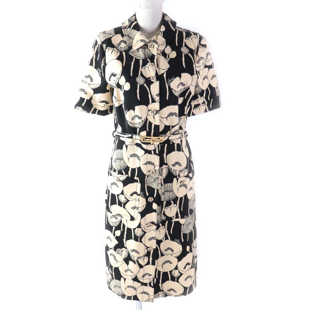 GUCCI - 未使用品★GUCCI グッチ 2021年製 653181 ポピーフラワープリント GGベルト付 半袖 ロングドレス/ワンピース ブラック ベージュ M 伊製 正規品 レディース