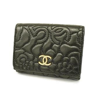 シャネル(CHANEL)の【4hc3169】シャネル 三つ折り財布/カメリア/ラムスキン/ブラック/ゴールド金具 【中古】 レディース(財布)