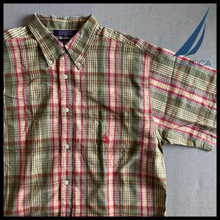 希少 90s ノーティカ チェックシャツ 半袖 オーバーサイズ 刺繍ロゴ 古着(シャツ)