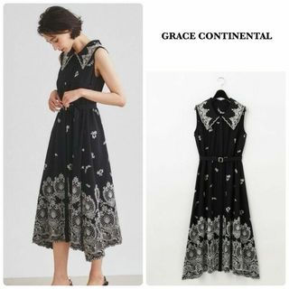 グレースコンチネンタル(GRACE CONTINENTAL)の【グレースコンチネンタル】ビッグカラー刺繍ワンピース　ノースリーブ　花柄　36(ロングワンピース/マキシワンピース)