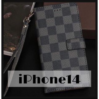 チェック柄 手帳型 iPhoneケース iPhone14 ブラック(iPhoneケース)