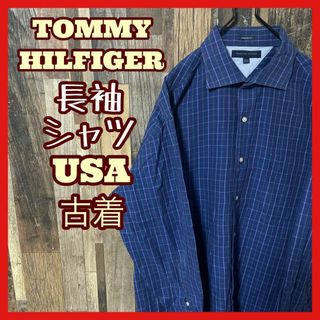 トミーヒルフィガー(TOMMY HILFIGER)のトミーヒルフィガー メンズ チェック L ブルー シャツ 古着 90s 長袖(シャツ)