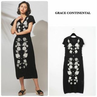 グレースコンチネンタル(GRACE CONTINENTAL)の【グレースコンチネンタル】フラワーレースニットワンピース　花柄刺繍　36(ロングワンピース/マキシワンピース)