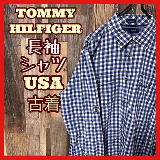 トミーヒルフィガー(TOMMY HILFIGER)のトミーヒルフィガー メンズ M チェック ブルー シャツ 古着 90s 長袖(シャツ)