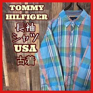 トミーヒルフィガー(TOMMY HILFIGER)のトミーヒルフィガー メンズ ボタンダウン M チェック ブルー シャツ 古着(シャツ)