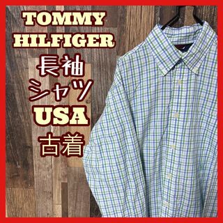 トミーヒルフィガー(TOMMY HILFIGER)のトミーヒルフィガー メンズ ボタンダウン M チェック グリーン シャツ 古着(シャツ)