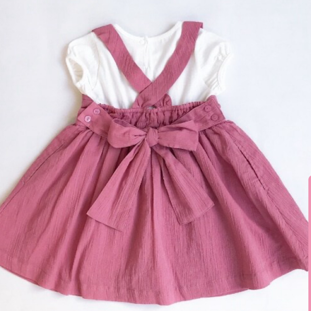 petit main(プティマイン)のpetit main ビッグリボンドッキングワンピース  キッズ/ベビー/マタニティのキッズ服女の子用(90cm~)(ワンピース)の商品写真