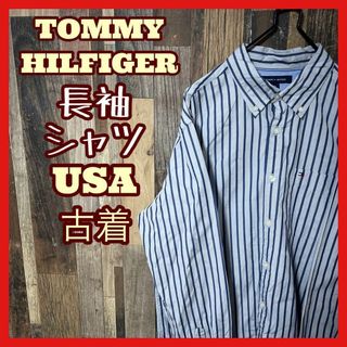 トミーヒルフィガー(TOMMY HILFIGER)のトミーヒルフィガー メンズ ボタンダウン L ストライプ グレー シャツ 古着(シャツ)