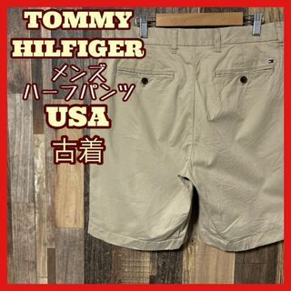 トミーヒルフィガー(TOMMY HILFIGER)のトミーヒルフィガー L 33 ベージュ ロゴ メンズ ハーフパンツ 古着 90s(ショートパンツ)