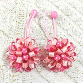 【再販】ポンポンリボン　ツイン　ヘアゴム　ピンクミックス　ハンドメイド(ファッション雑貨)