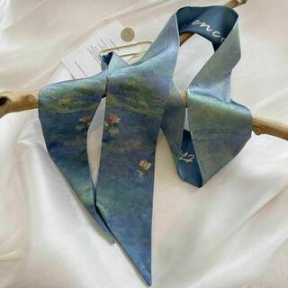 スカーフ モネ 睡蓮 絵画 油絵 バッグスカーフ 印象派 青 ブルー おしゃれ(バンダナ/スカーフ)
