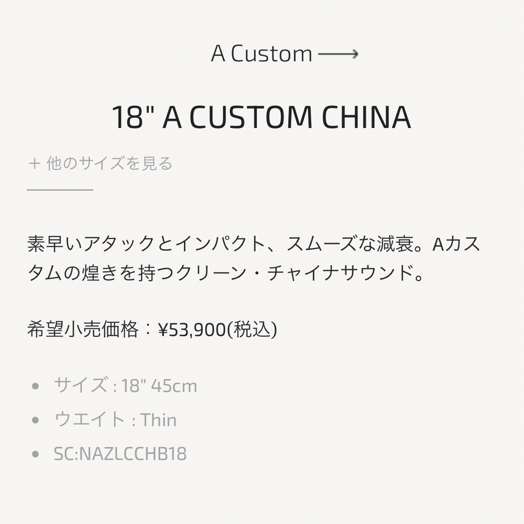 Zildjian(ジルジャン)のZildjian A Custom China 18インチ チャイナシンバル 楽器のドラム(シンバル)の商品写真