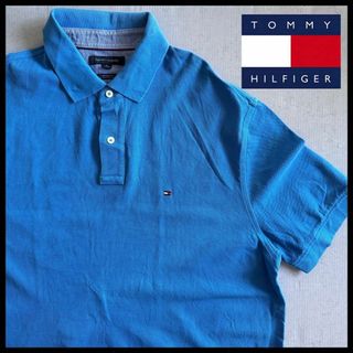 トミーヒルフィガー(TOMMY HILFIGER)のトミー ヒルフィガー 半袖 ポロシャツ 刺繍ロゴ 青 オーバーサイズ XL 古着(ポロシャツ)