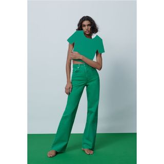 ザラ(ZARA)のzara ワイドレッグフレグランスカラーデニムパンツ　グリーン（緑）(デニム/ジーンズ)