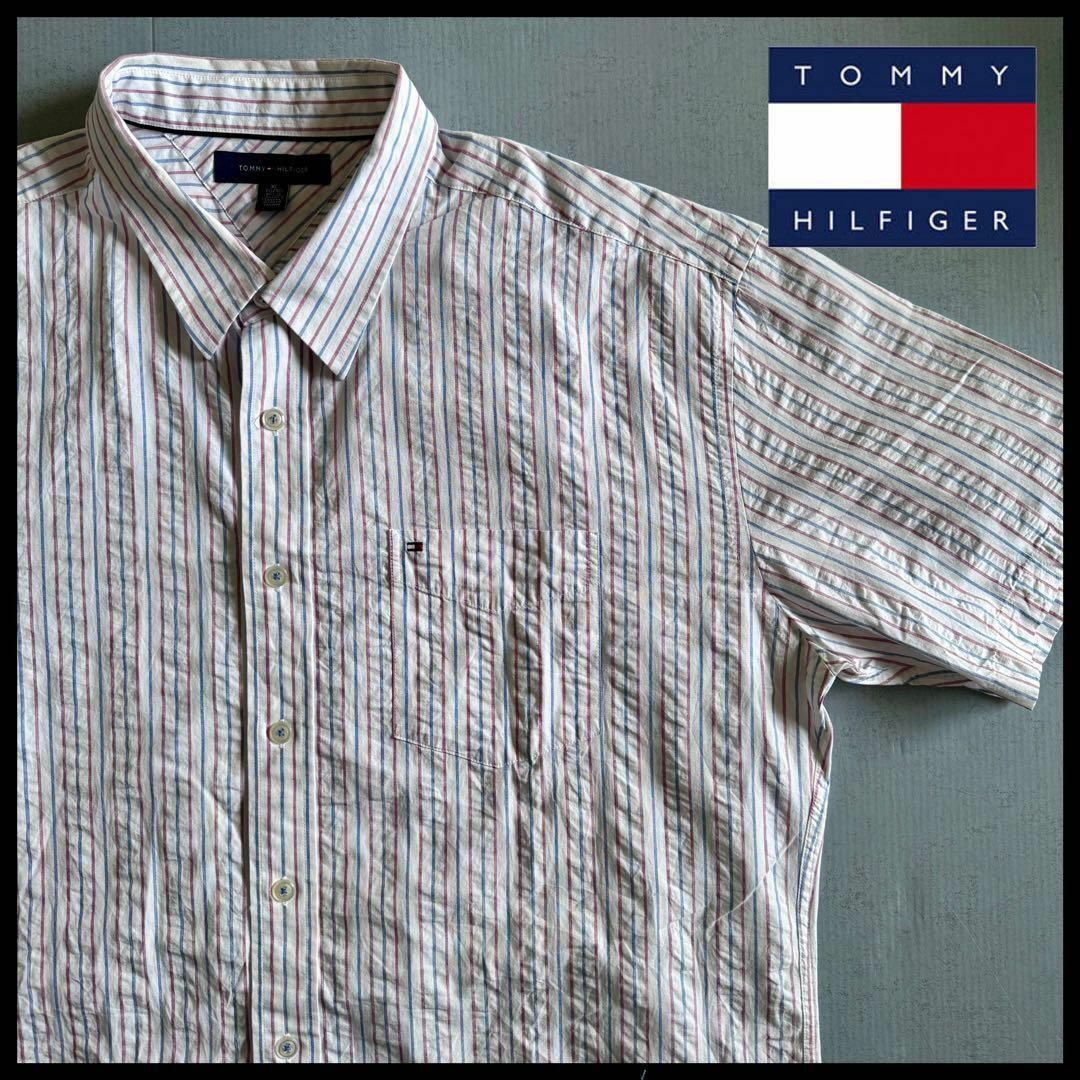 TOMMY HILFIGER(トミーヒルフィガー)のトミーヒルフィガー ストライプシャツ 半袖 オーバーサイズ 刺繍 ワンポイント メンズのトップス(シャツ)の商品写真