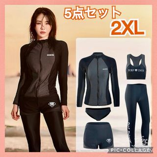 2XL ラッシュガード 水着 5点セット 黒 ブラック 体型カバー 水陸両用 海(水着)