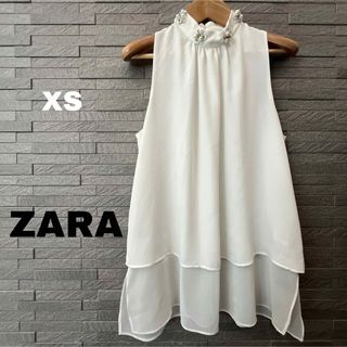 ザラ(ZARA)のザラ ZARA ノースリーブ トップス　ビジュ カットソー チュニック ホワイト(シャツ/ブラウス(半袖/袖なし))