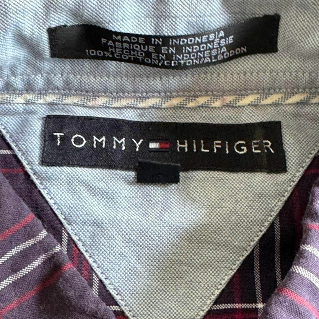 TOMMY HILFIGER(トミーヒルフィガー)のトミーヒルフィガー 半袖 チェック シャツ 刺繍ロゴ オーバーサイズ 紺 古着 メンズのトップス(シャツ)の商品写真