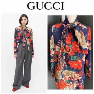 GUCCI flora ネイビー　シルク　花柄　ブラウス