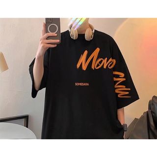  Ｔシャツ　半袖　黒　メンズ　ゆったり　ビッグロゴ　ブラック　カジュアル　ＸＬ(Tシャツ/カットソー(半袖/袖なし))